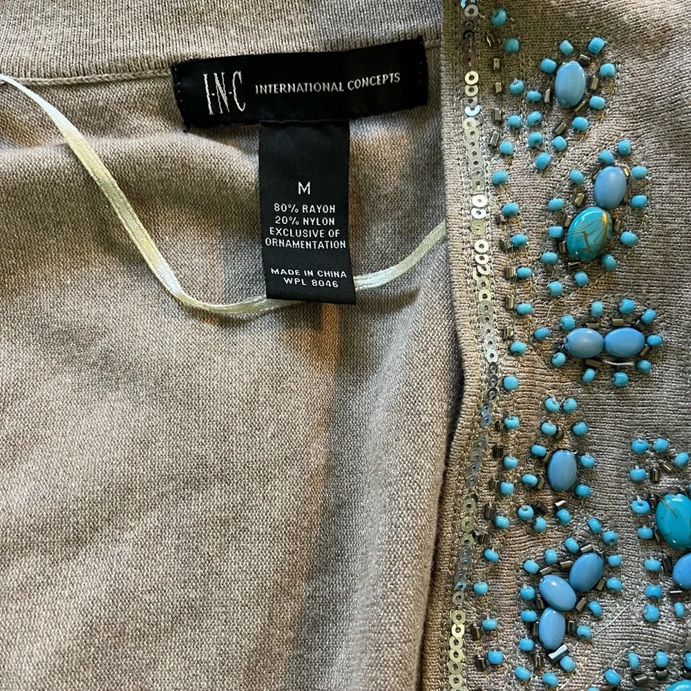 INC INTERNATIONAL CONCEPTS Short Cardigan Tan w Turquoise Beading Sz M - Picture 4 of 4
